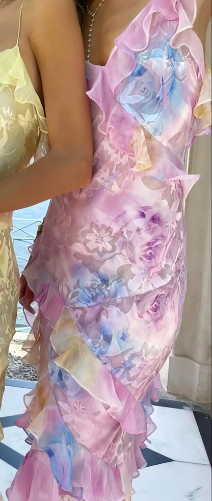 Yellow Floral Slim V-Neck Long Prom Dresses Spaghetti Straps Evening Party Dress,LTP4050