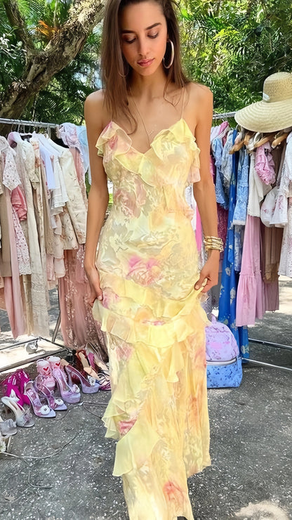 Yellow Floral Slim V-Neck Long Prom Dresses Spaghetti Straps Evening Party Dress,LTP4050