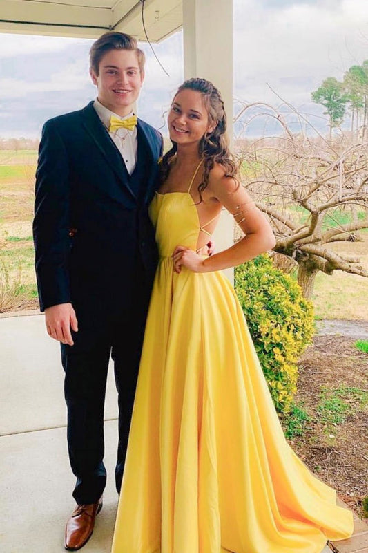 Yellow Satin Open Back Prom Dress - Long Evening Gown