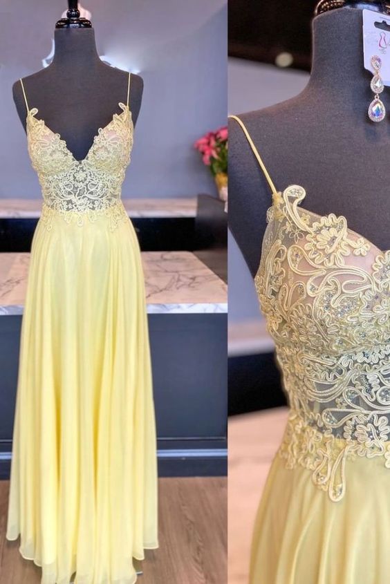 Yellow V-neck tulle long prom dress with flowing skirt and elegant neckline