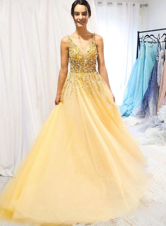 Yellow sequin beaded A-line prom dress with sparkling embellishments and long tulle design