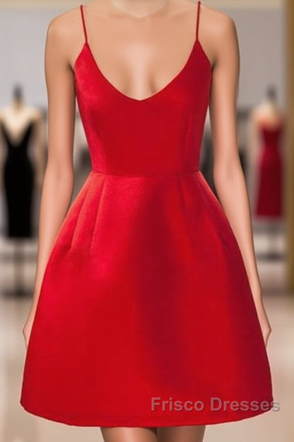 A Line Backless Short Red Formal Prom Dress, Short Red Satin Homecoming Graduation Dress, Red Formal Dress