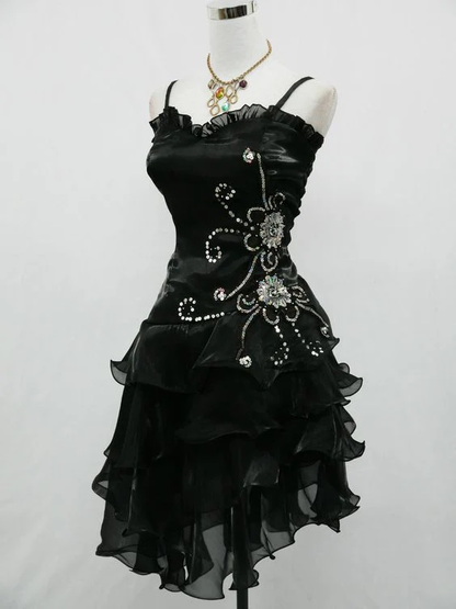 A Line Black Ruffle Short Prom Dress Homecoming Dress