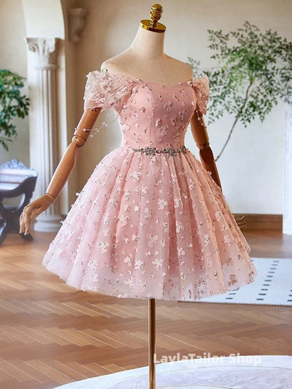 A-Line Off Shoulder Tulle Lace Pink Short Formal Prom Dress, Pink Homecoming Dress