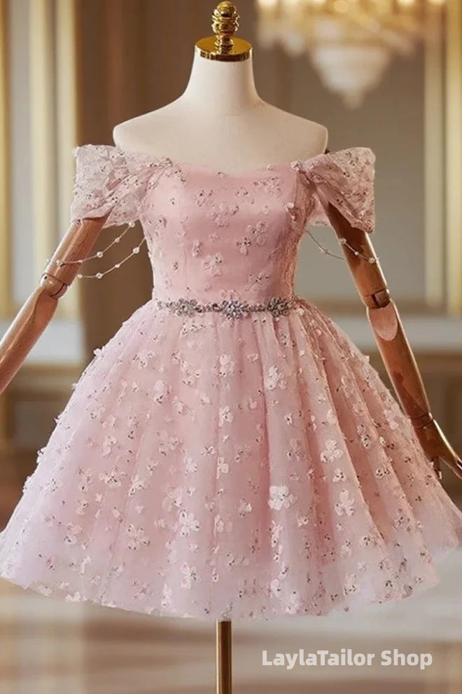 A-Line Off Shoulder Tulle Lace Pink Short Formal Prom Dress, Pink Homecoming Dress