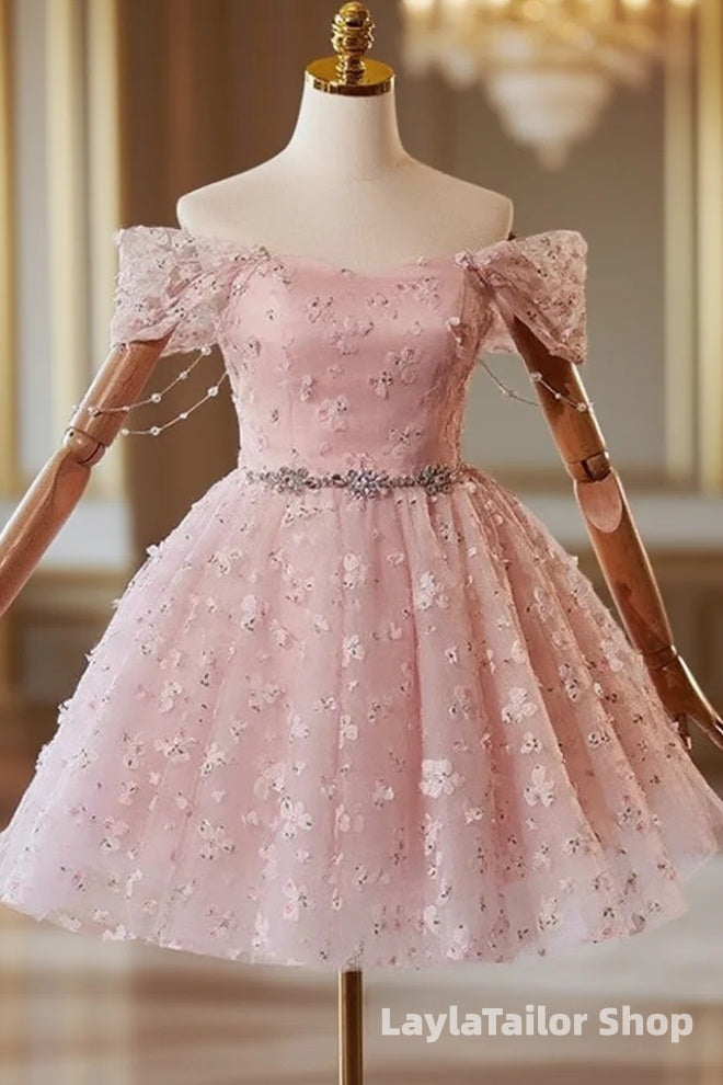 A-Line Off Shoulder Tulle Lace Pink Short Formal Prom Dress, Pink Homecoming Dress