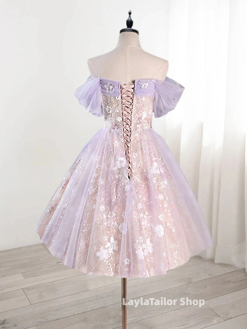 A-Line Off Shoulder Tulle Lace Purple Short Formal Prom Dress, Cute Purple Homecoming Dress