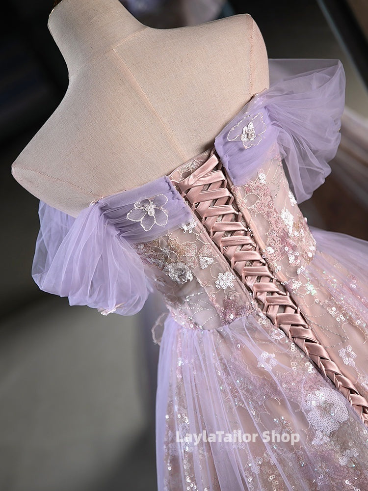 A-Line Off Shoulder Tulle Lace Purple Short Formal Prom Dress, Cute Purple Homecoming Dress