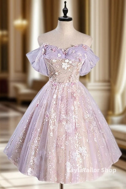 A-Line Off Shoulder Tulle Lace Purple Short Formal Prom Dress, Cute Purple Homecoming Dress