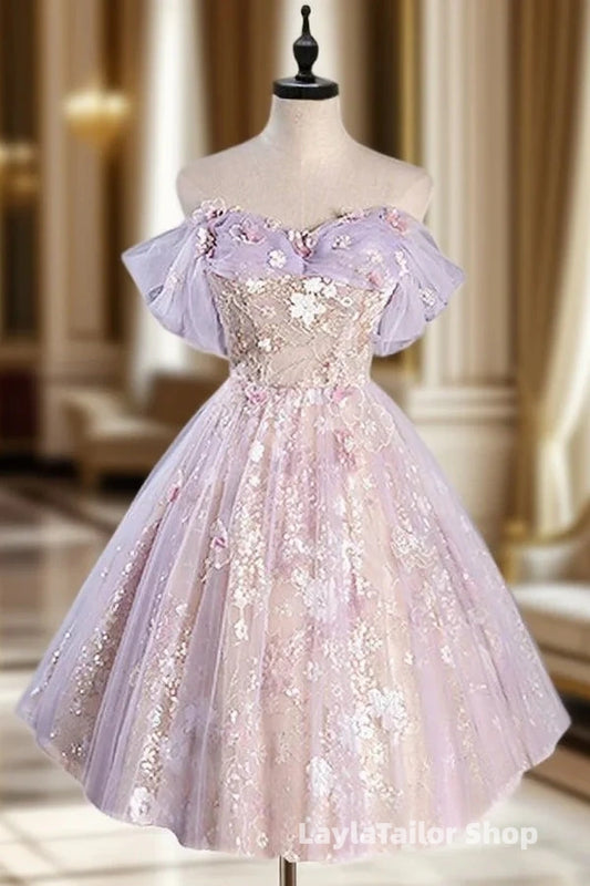 A-Line Off Shoulder Tulle Lace Purple Short Formal Prom Dress, Cute Purple Homecoming Dress