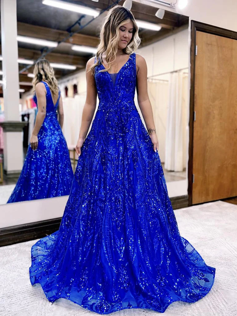 Royal Blue Sequin A-Line Long Prom Evening Dress