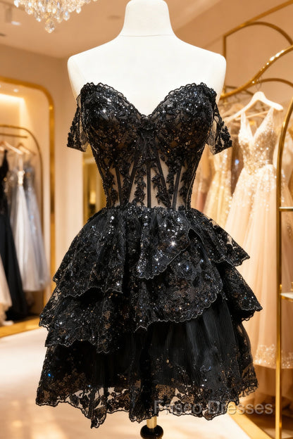 A-Line Short Black Formal Prom Dress Sheer Corset Bodice Homecoming Dress