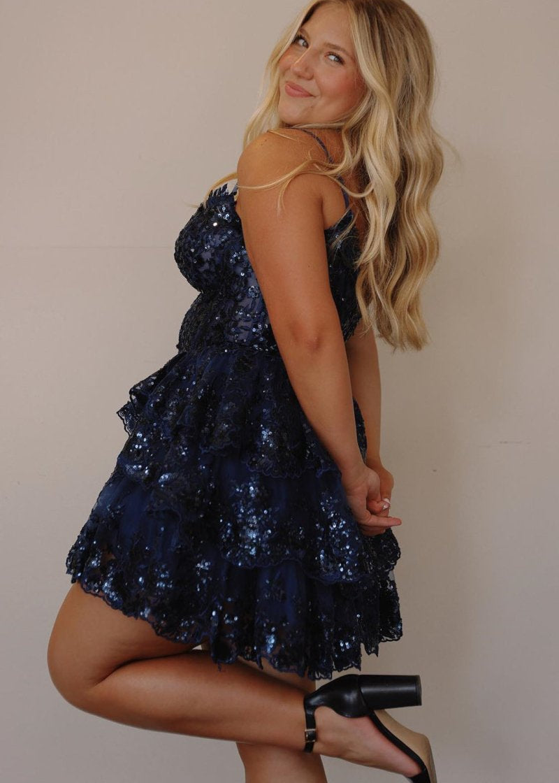 A- Line Sky Blue Sequins Multi-Layers Short Homecoming Dress