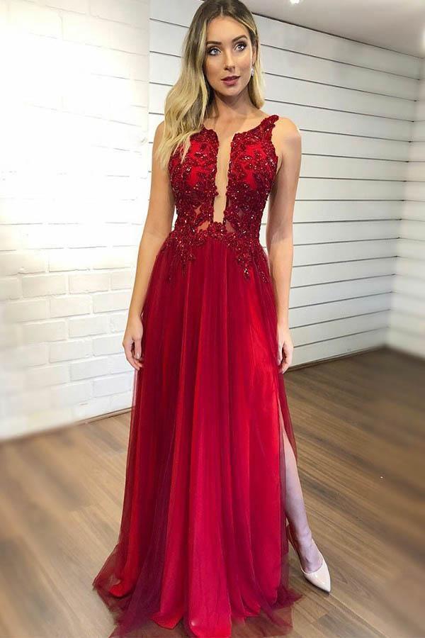 Plunging V-Neck Red Beaded Tulle Prom Evening Dress With Side Slit