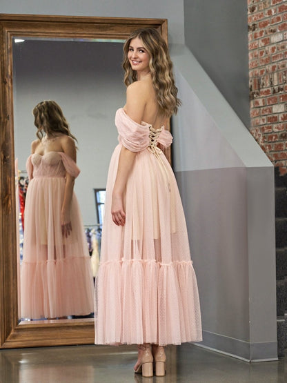 A-Line Tulle Sweetheart Tea-Length Homecoming Dress