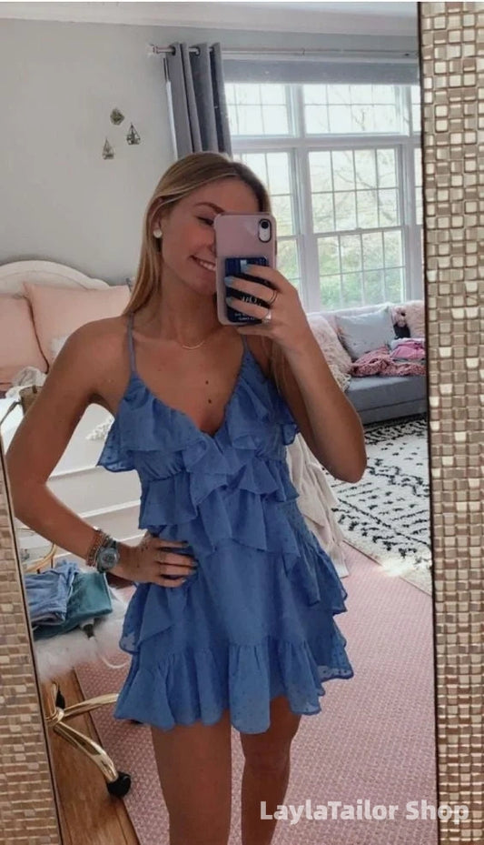 A-line V Neck Blue Short Homecoming Dress Lovely Homecoming Dress LTP82647