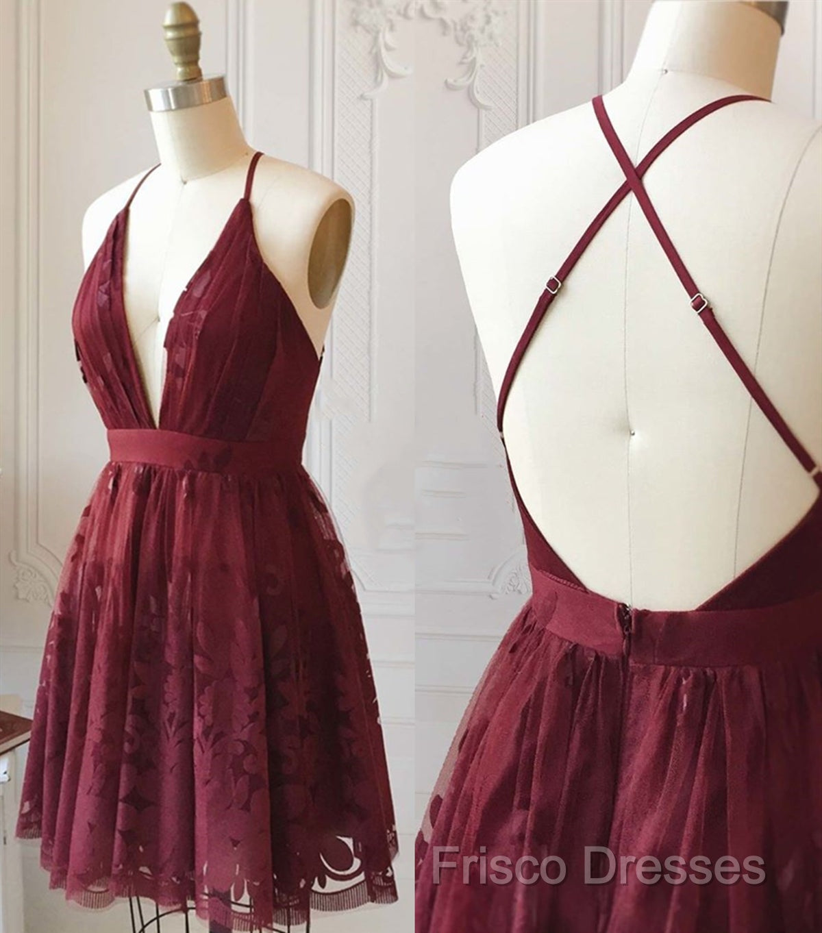 A Line V Neck Short Burgundy Lace Formal Prom Dress, Short Burgundy Lace Formal Homecoming Dress