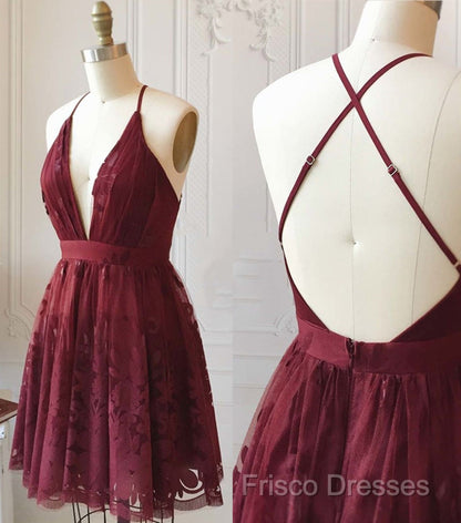 A Line V Neck Short Burgundy Lace Formal Prom Dress, Short Burgundy Lace Formal Homecoming Dress