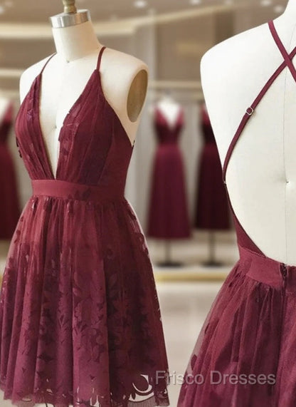 A Line V Neck Short Burgundy Lace Formal Prom Dress, Short Burgundy Lace Formal Homecoming Dress