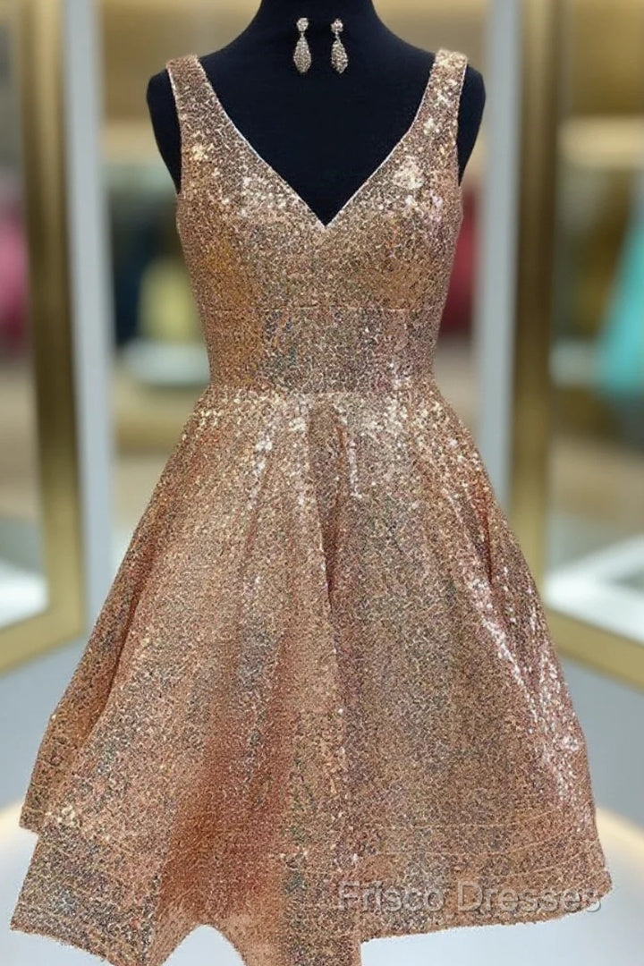 A Line V Neck Short Champagne Lace Formal Prom Dress, V Neck Short Champagne Lace Formal Homecoming Dress
