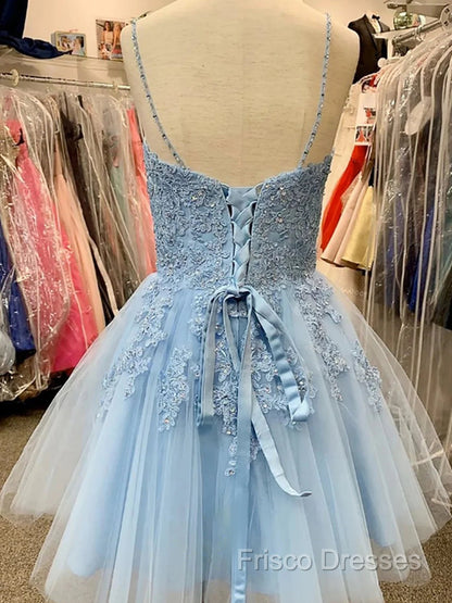 A Line V Neck Short Light Blue Lace Formal Prom Dress, Short Light Blue Lace Homecoming Dress
