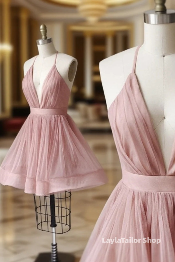 A Line V Neck Short Pink Formal Prom Dress, Short Pink V Neck Graduation Homecoming Dress