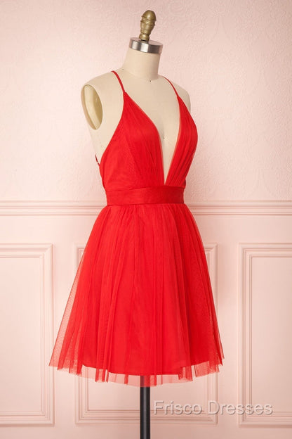 A Line V Neck Short Red/Burgundy Tulle Formal Prom Dress, Short Red/Burgundy Graduation Homecoming Dress
