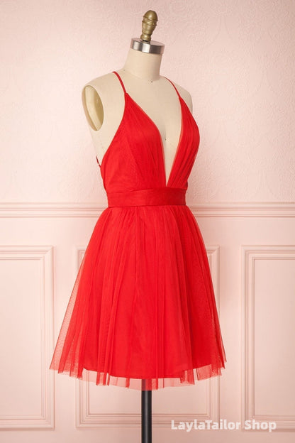 A Line V Neck Short Red/Burgundy Tulle Formal Prom Dress, Short Red/Burgundy Graduation Homecoming Dress