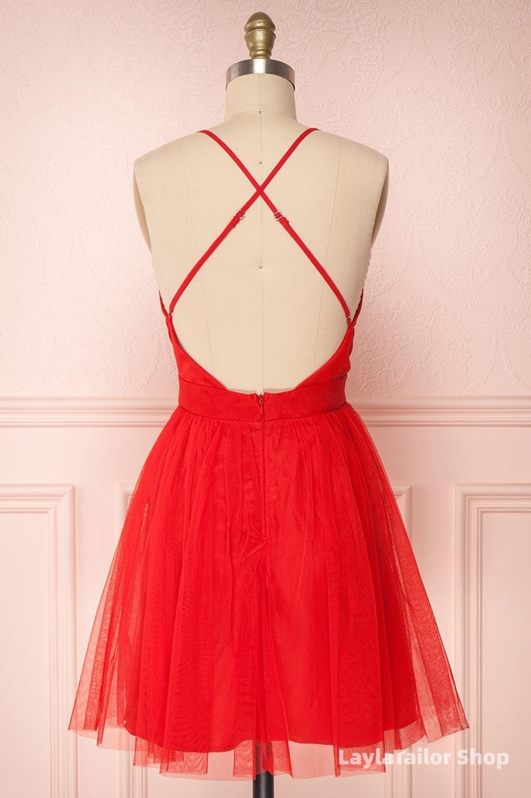 A Line V Neck Short Red/Burgundy Tulle Formal Prom Dress, Short Red/Burgundy Graduation Homecoming Dress