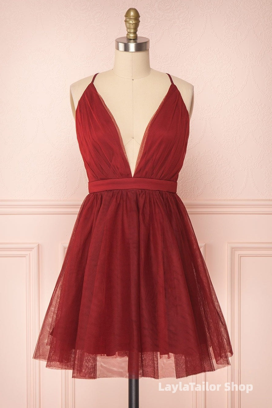 A Line V Neck Short Red/Burgundy Tulle Formal Prom Dress, Short Red/Burgundy Graduation Homecoming Dress