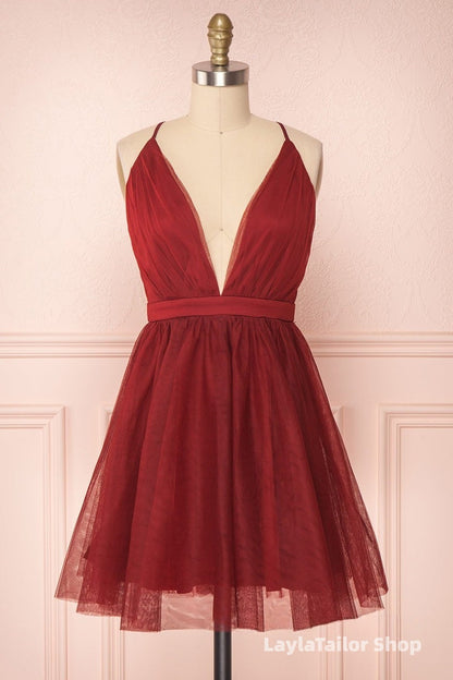 A Line V Neck Short Red/Burgundy Tulle Formal Prom Dress, Short Red/Burgundy Graduation Homecoming Dress