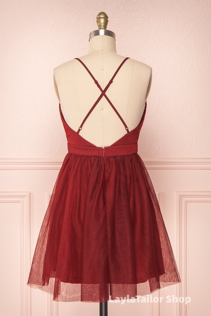 A Line V Neck Short Red/Burgundy Tulle Formal Prom Dress, Short Red/Burgundy Graduation Homecoming Dress