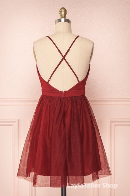 A Line V Neck Short Red/Burgundy Tulle Formal Prom Dress, Short Red/Burgundy Graduation Homecoming Dress