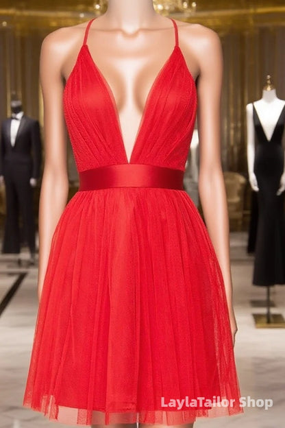 A Line V Neck Short Red/Burgundy Tulle Formal Prom Dress, Short Red/Burgundy Graduation Homecoming Dress