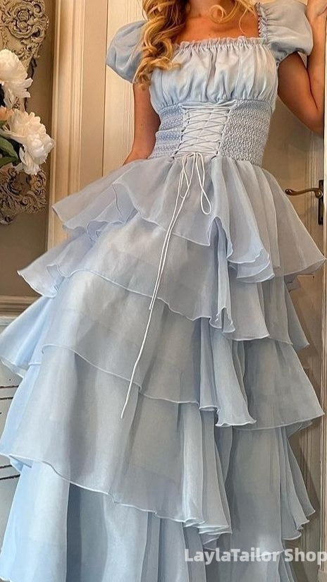 Sky Blue Ruffle Prom Dresses Vintage Formal Party Dress,LTP3694