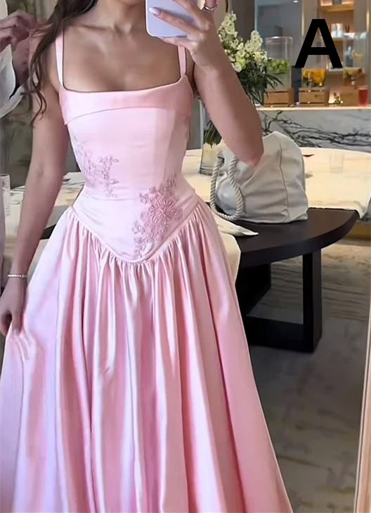 Pink Retro Elegant A-Line Spaghetti Strap Satin Long Evening Dress Birthday Party Dress Bridesmaid Dress,LTP3635