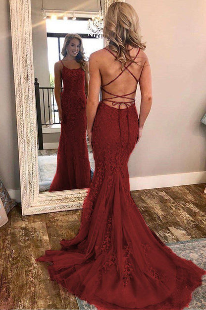 Lace Up Back Mermaid Appliques Long Evening Prom Dress