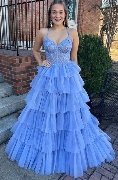 Spaghetti Straps Prom Dresses, Beaded Sky Blue Evening Prom Gown