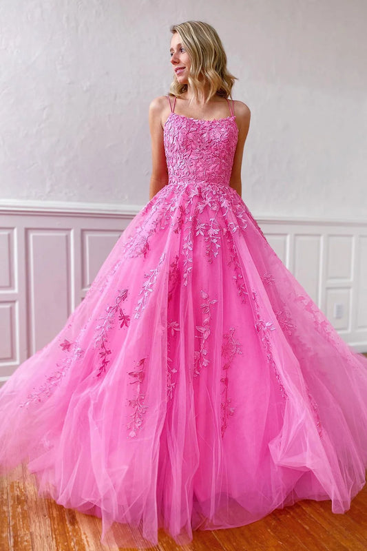 Spaghetti Straps A-Line Tulle Lace Prom Dresses