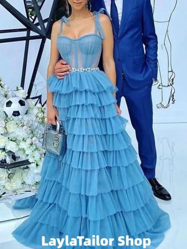 Sky Blue Tulle Ruffles Long Evening Prom Dresses