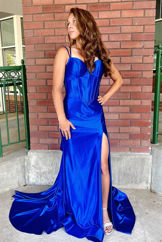 Blue Prom Dresses, Open Back Satin Evening Dress, Mermaid Prom Dresses 2024