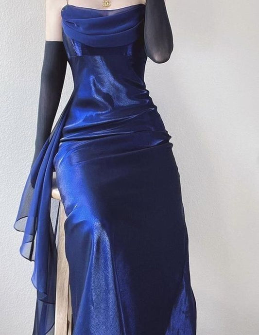 Spaghetti Straps Blue Prom Dress With Chiffon Sash