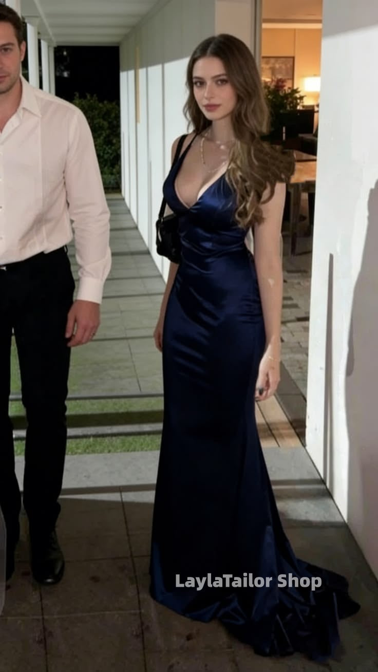 Chic Halter Mermaid Prom Dresses Long Satin V-Neck Evening Formal Dress,LTP4502