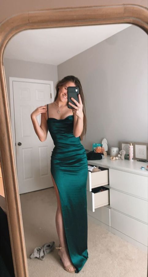 Spaghetti Straps Dark Green Sexy Prom Dress With Side Slit