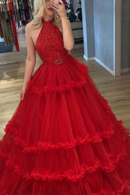 LTP1760, Princess Red Lace Long Prom Dresses, Red Formal Evening Dresses, Halter Lace Ball Gown