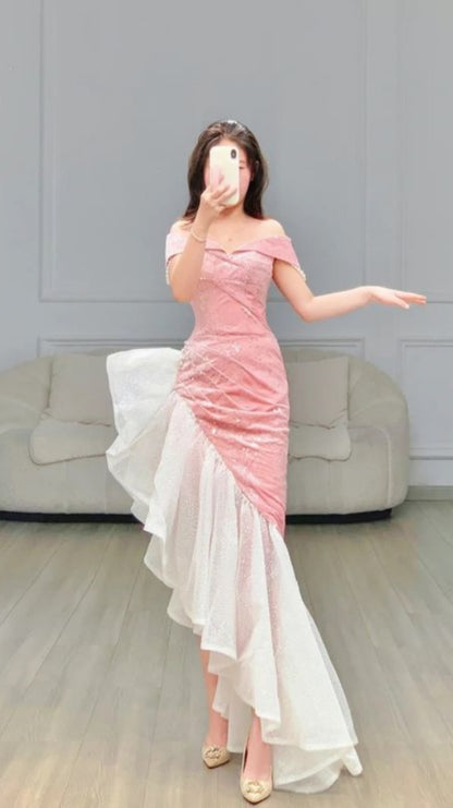 Super Sweet Bodycon Party Dress Off The Shoulder Irregular Pink Glitter Prom Dresses,LTP4348