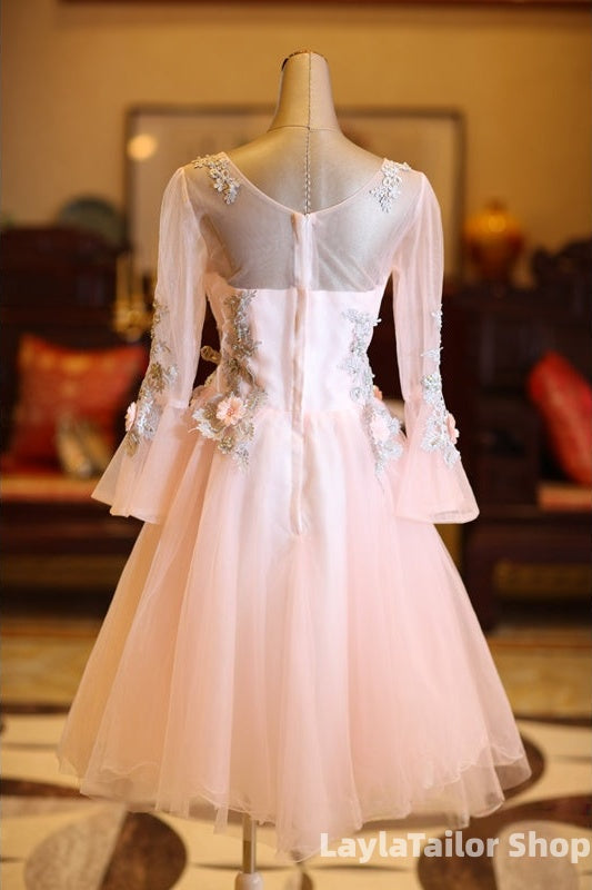 Adorable Pink Tulle Knee Length Long Sleeves Party Dress, Pink Homecoming Dress