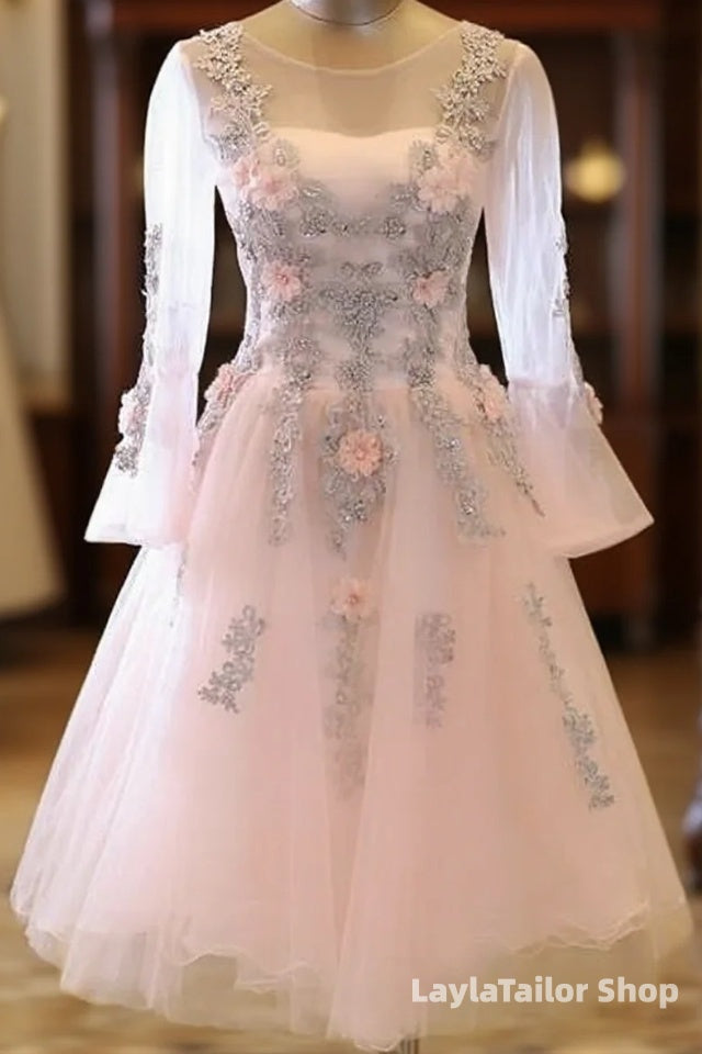 Adorable Pink Tulle Knee Length Long Sleeves Party Dress, Pink Homecoming Dress