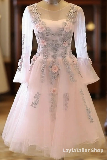 Adorable Pink Tulle Knee Length Long Sleeves Party Dress, Pink Homecoming Dress