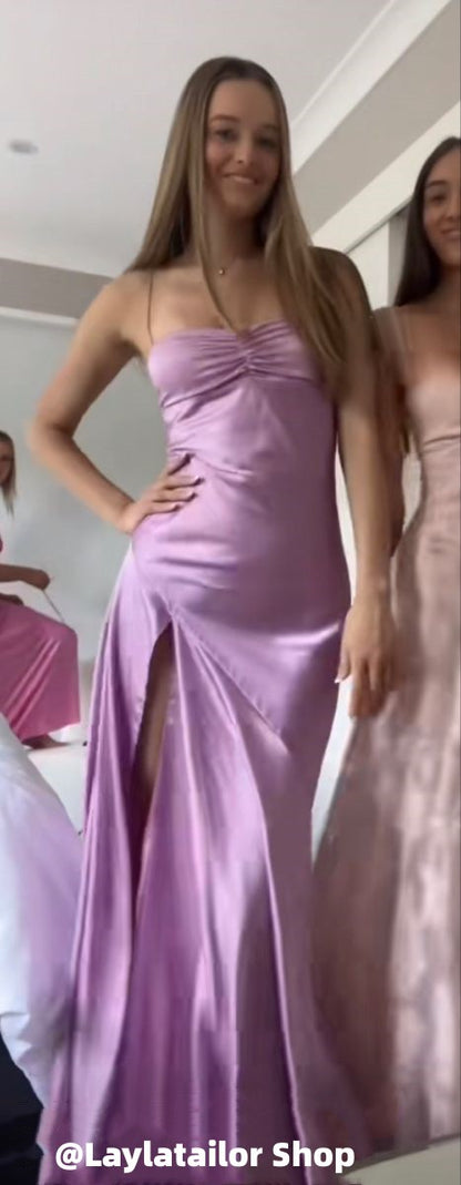 Lilac Silk Satin Evening Prom Dresses